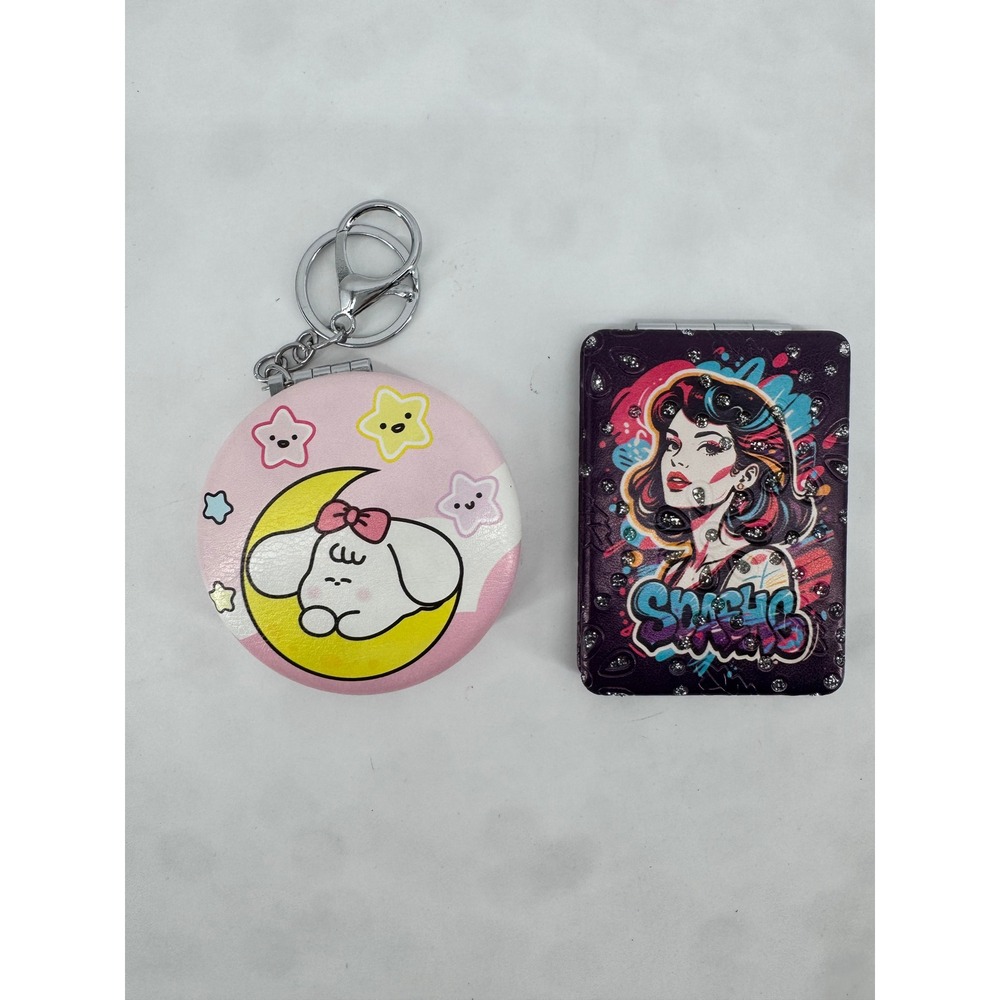 2pc Compact Mirror Set Round Puppy Keychain & Rectangular Pop Art Graffiti Girl